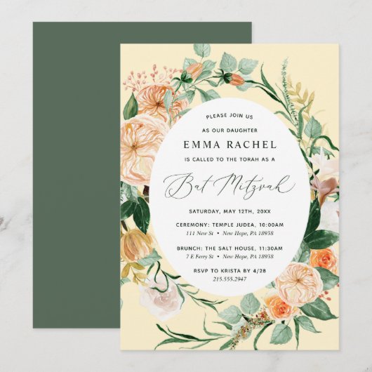 Botanische Boho gepersonaliseerd geel bat Mitzvah Kaart (Voorkant / Achterkant)
