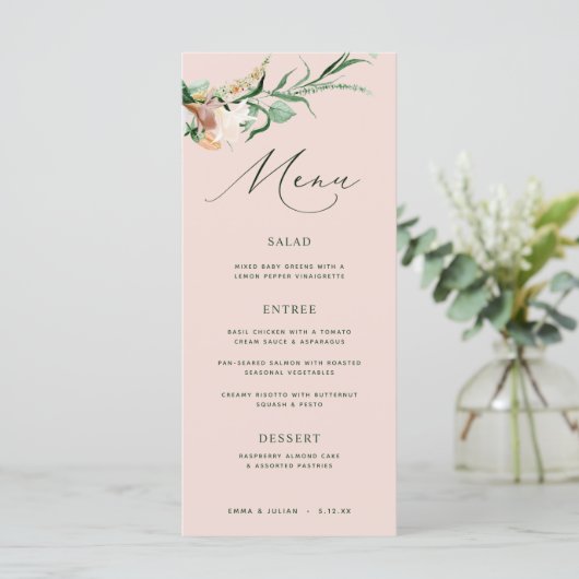 Botanische Boho Greenery Blush Pink Wedding Menu (Staand voorkant)