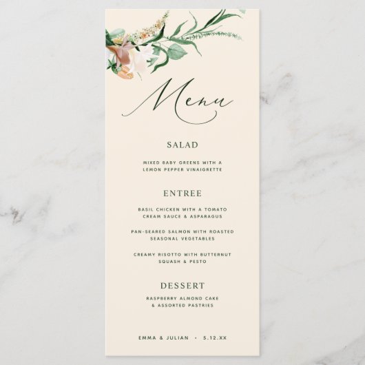Botanische Boho Greenery Neutral Peach Wedding Menu (Voorkant)
