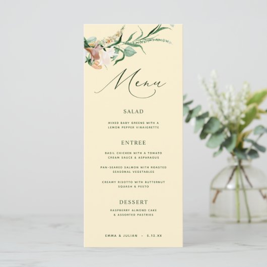 Botanische Boho Greenery Pastel Yellow Wedding Men Menu (Staand voorkant)