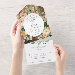 Botanische Boho Greenery Woodgrain Rustic Wedding All In One Uitnodiging