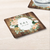 Botanische Boho Rustic Wood Monogram Barn Wedding Vierkante Kartonnen Onderzetter (Schuin)