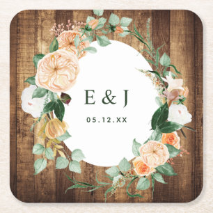 Botanische Boho Rustic Wood Monogram Barn Wedding Vierkante Kartonnen Onderzetter