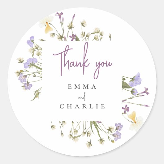 Botanische Boho Wildflowers lila Script bruiloft Ronde Sticker (Voorkant)
