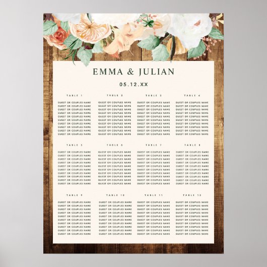 Botanische Boho Woodgrain Wedding Seding Chart Poster (Voorkant)