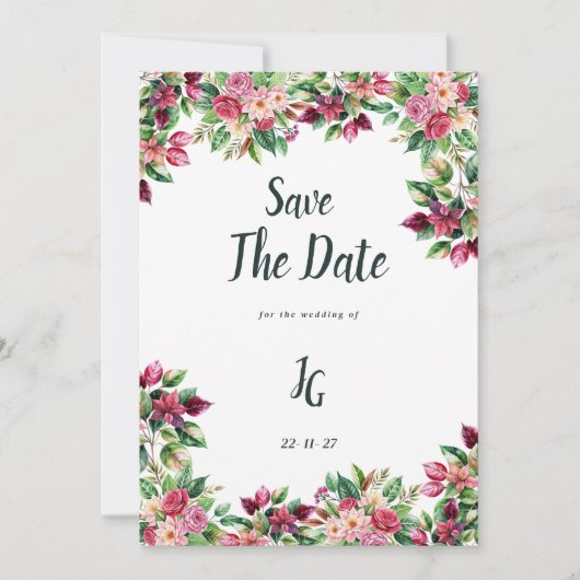 Botanische bordeaux roze groene bloemen Save The D Kaart (Voorkant)