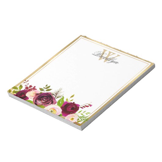 Botanische Bourgogne Blush Pink Floral Monogram Op Notitieblok (Gedraaid)