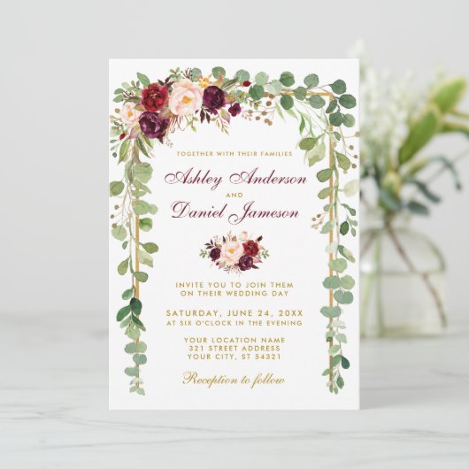 Botanische Bourgogne Floral Gold Lijst Weddenschap Kaart (Staand voorkant)