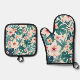 Botanische Breeze – Tropische Bloemenoven Mitt & P Ovenwant & Pannenlap Set