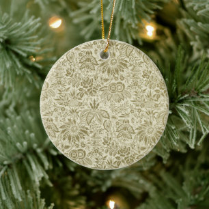 Botanische Brokaat Toile Bloem Motief Groen Salie  Keramisch Ornament