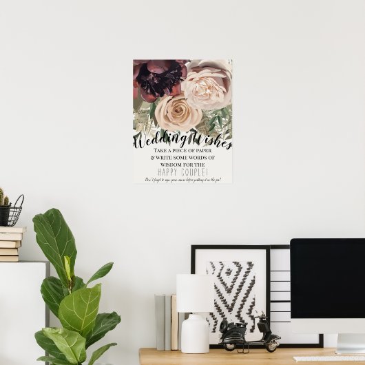 Botanische bruiloft inloggen op blozen bloemen poster (Thuiskantoor)