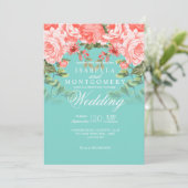 Botanische Bruiloft Koraal Bloemen op Blauwgroen Kaart (Staand voorkant)