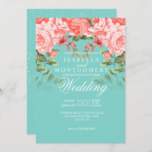 Botanische Bruiloft Koraal Bloemen op Blauwgroen Kaart (Voorkant / Achterkant)