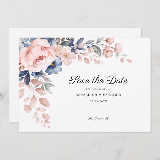 Botanische bruiloft met roze Floral Script Save The Date (Voorkant / Achterkant)