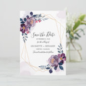 Botanische bruiloft van het Paarse  Floral Script Save The Date (Staand voorkant)