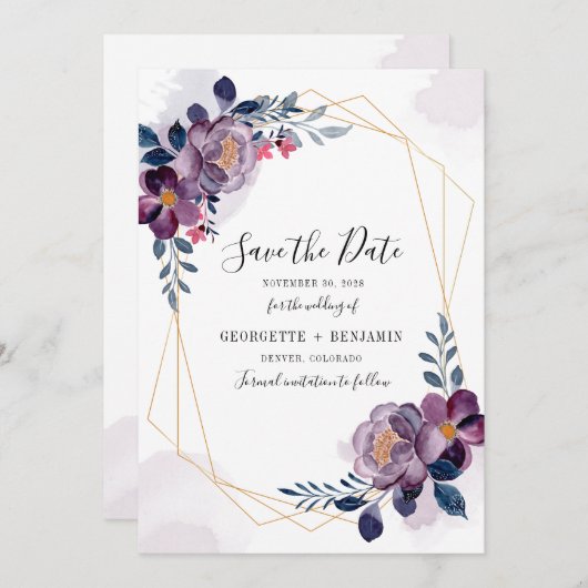 Botanische bruiloft van het Paarse  Floral Script Save The Date (Voorkant / Achterkant)