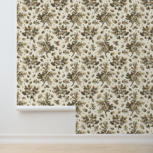 Botanische bruine eikenbladeren eikels beige behang