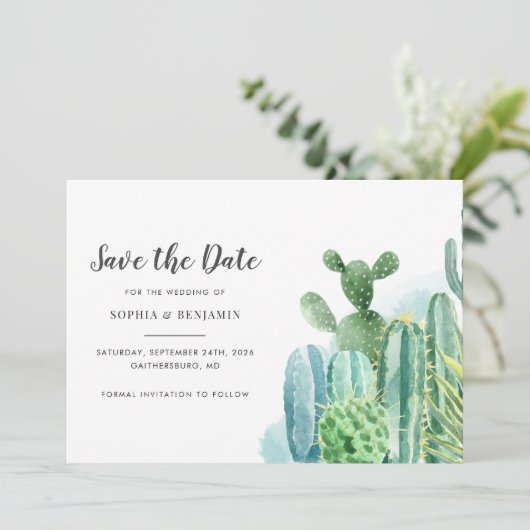 Botanische Cacti Waterverf Succulent Weddenschap Save The Date (Staand voorkant)