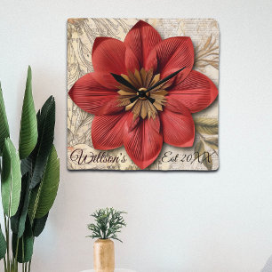  Botanische Charm in Rode 3D Papier Bloem Vierkante Klok