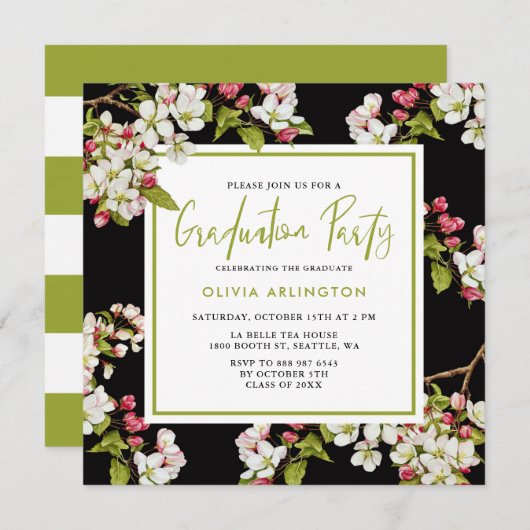 Botanische Cherry Blossom Afstuderen Invitation Kaart (Voorkant / Achterkant)