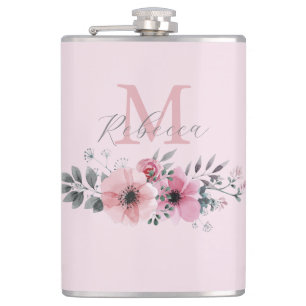 Botanische chic roze waterverf bloem heupfles