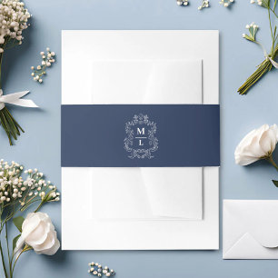 Botanische Crest Monogram Navy Blauwe Trouwdag Uitnodigingen Wikkel