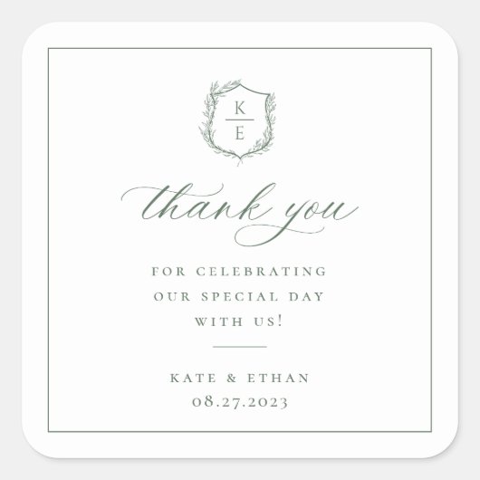 Botanische Crest Monogram Weddenschap Bedankt Vierkante Sticker (Voorkant)