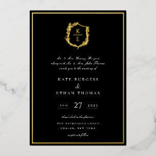 Botanische Crest Monogram Weddenschap Folie Uitnodiging