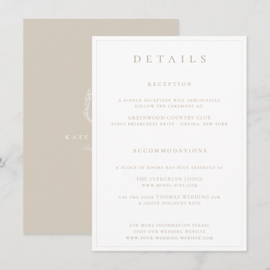 Botanische Crest Monogram Weddenschap met details Informatiekaartje (Voorkant / Achterkant)