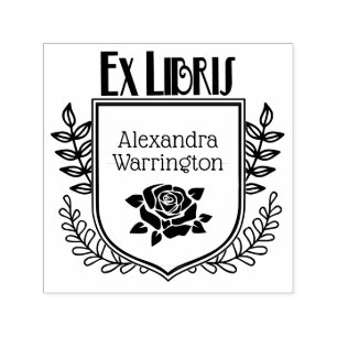 Botanische Crest Roos Ex Libris Boeknaam Zelfinktende Stempel