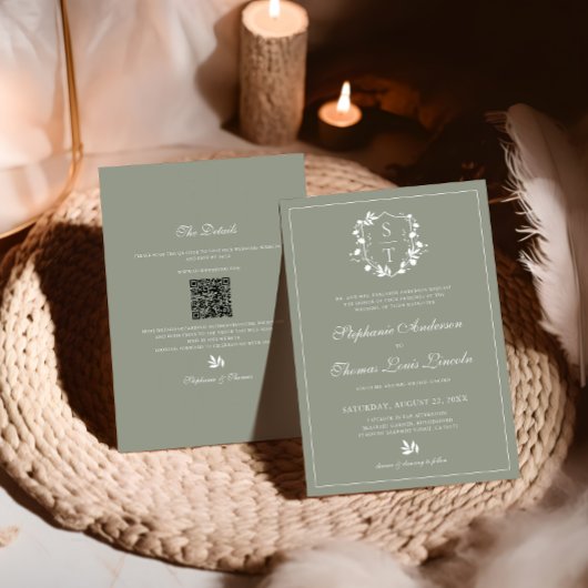 Botanische Crest Sage Groene Bruiloft QR Code Kaart