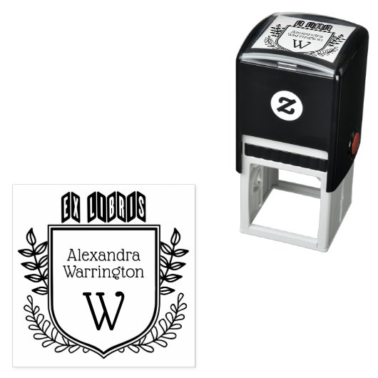 Botanische Crest Zigzag Ex Libris Boeknaam Initiaa Zelfinktende Stempel (In situ)