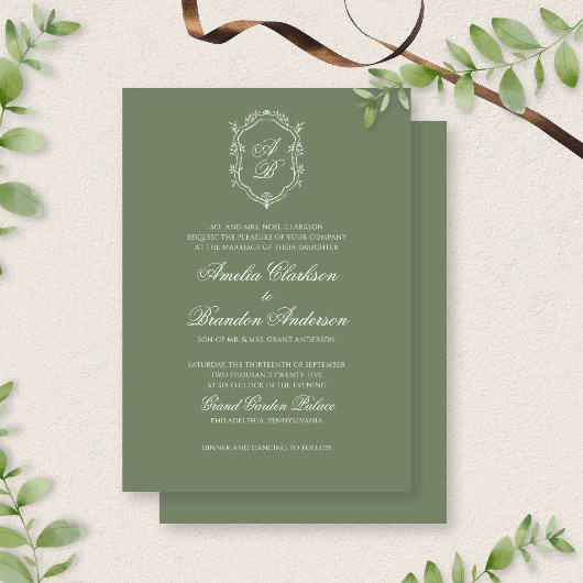 Botanische Deep Sage Green Monogram Crest Wedding Kaart