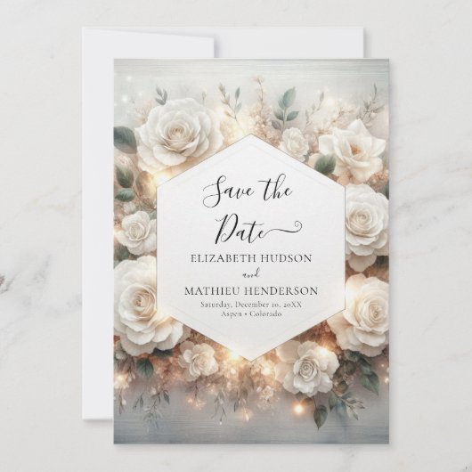 Botanische digitale witte rozen bruiloft save the date (Voorkant)