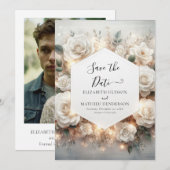 Botanische digitale witte rozen bruiloft save the date (Voorkant / Achterkant)