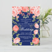 Botanische donkerblauwe en koraalbloem - Bruiloft Kaart (Staand voorkant)