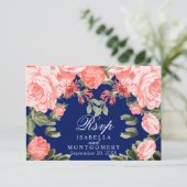 Botanische donkerblauwe en koraalbloem - RSVP (Staand voorkant)