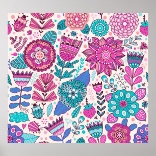 Botanische doodle bloemen, naadloos,  textuur. poster