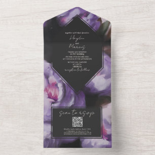 Botanische Dramatische Paarse Bloemen Bruiloft RSV All In One Uitnodiging