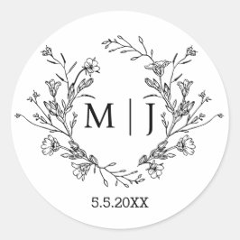 Botanische eenvoudige typografie monogram bruiloft ronde sticker
