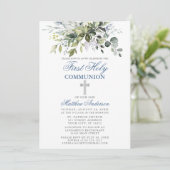 Botanische eerste Communie Silver Dusty Blue Kaart (Staand voorkant)