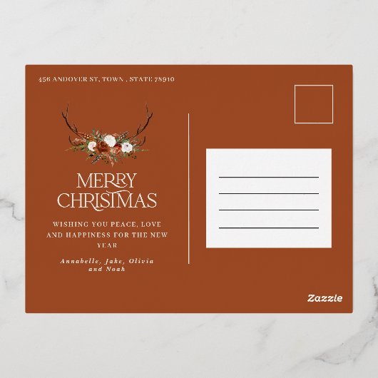 Botanische elegant voor kerstterracotta 3 foto folie feestdagen briefkaart (Achterkant)