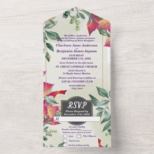 Botanische Elegante Herfstbladeren Bruiloft All In One Uitnodiging (Binnen)