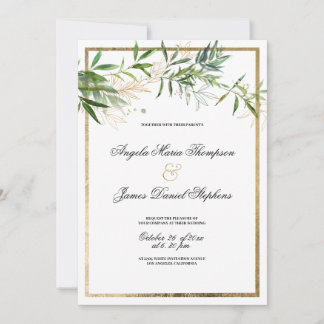 Botanische elegante witte mint gouden blad bruilof kaart