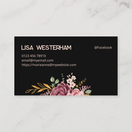Botanische Elegantie: Zwart & Roze Bloemen Visitekaartje (Achterkant)
