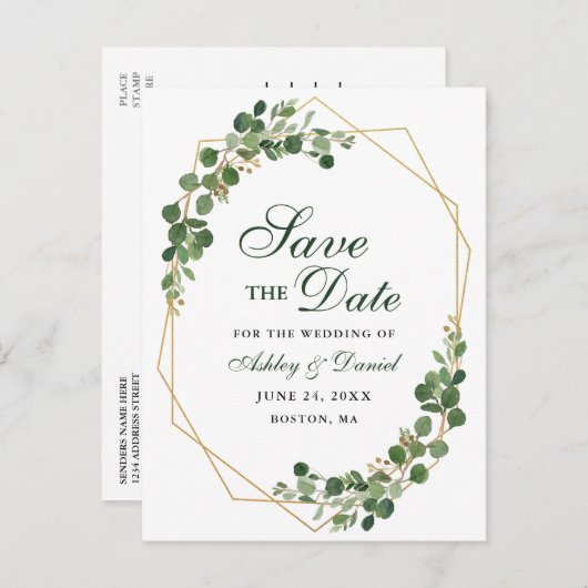 Botanische Eucalyptus Groen Goud Bewaar de Datum Aankondigingskaart (Voorkant / Achterkant)
