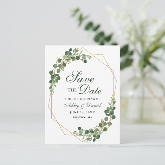 Botanische Eucalyptus Groen Goud Bewaar de Datum Aankondigingskaart (Staand voorkant)