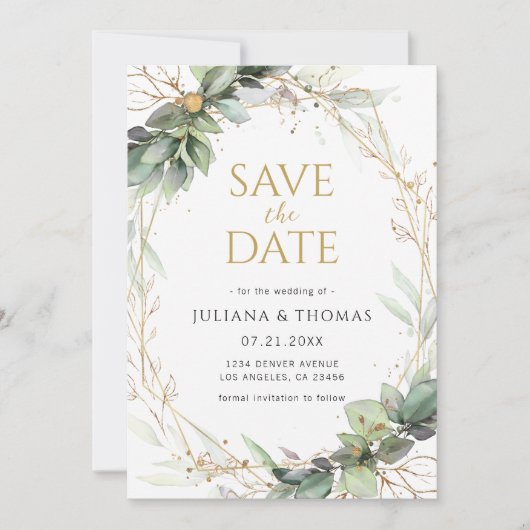 botanische Eucalyptus Groenelementen Gouden Lijst Save The Date (Voorkant)