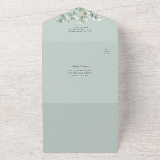 Botanische eucalyptus laat groen huwelijk over all in one uitnodiging (Buitenkant)