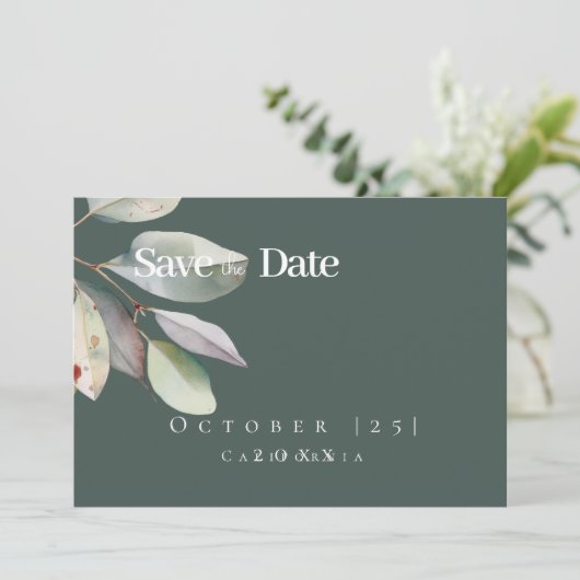 Botanische eucalyptus Leave Flat Save The Date Kaa (Staand voorkant)